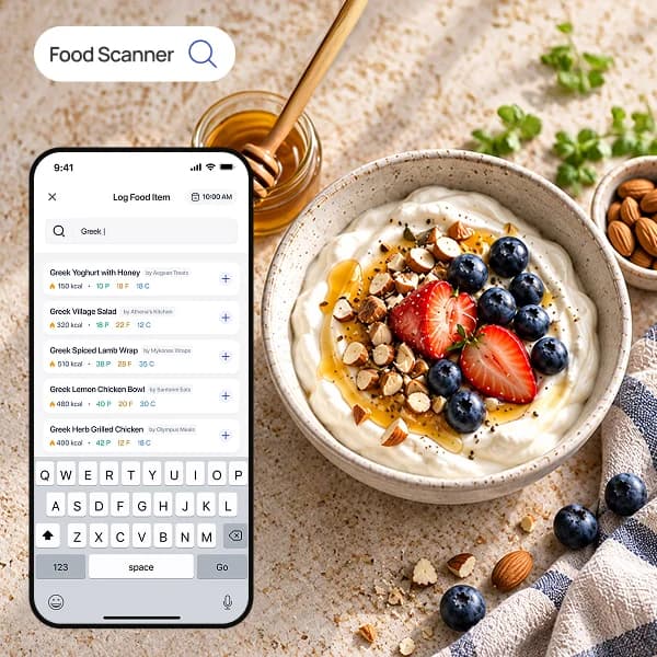 The food search screen listing yogurt bowls with their calories and macros, beside a bowl of yogurt, berries and granola.