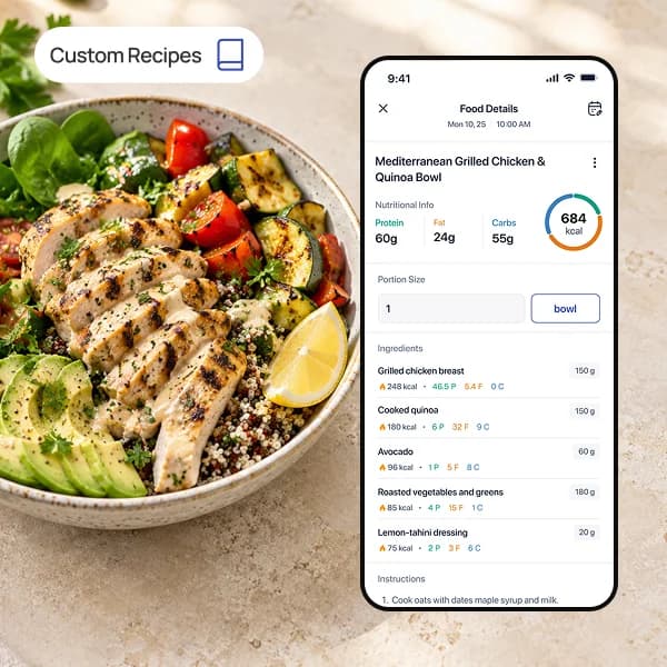 A Mediterranean grilled chicken and quinoa bowl beside the recipe screen listing its ingredients, servings and 664 calories.