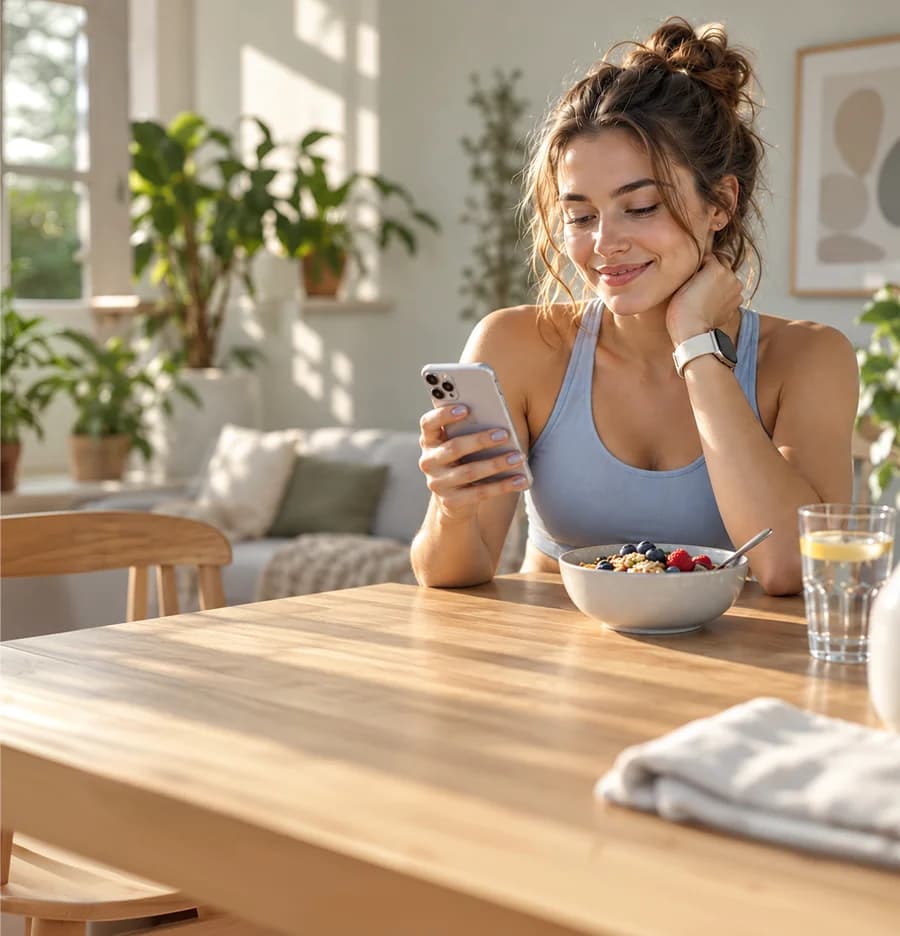 Woman reading her morning briefing over breakfast