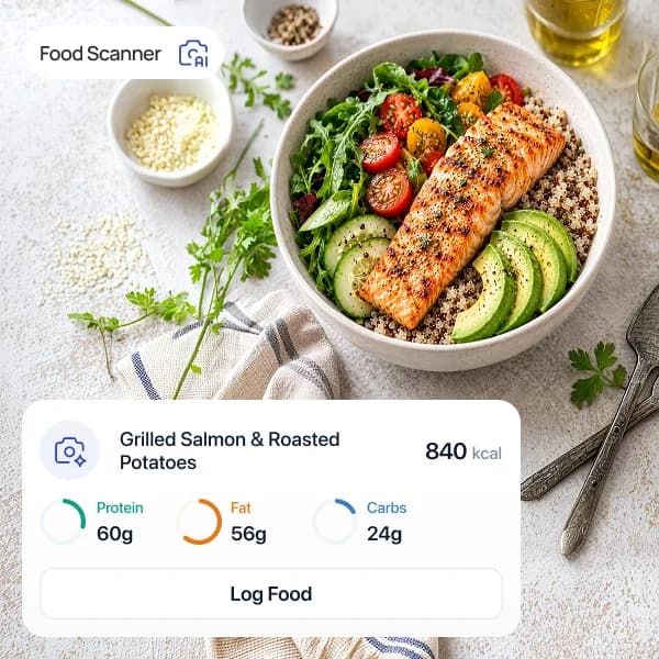A photographed salmon and quinoa bowl with the app estimating 840 kcal, 60g protein, 56g fat and 24g carbs, ready to log.